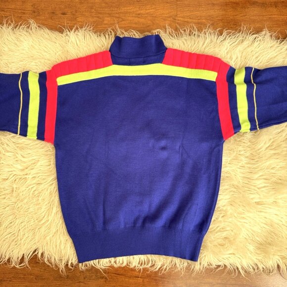 Vintage Slalom Mens Ski Sweater Royal Blue Neon Lime Fuchsia 80s 90s LG 1/4 Zip - Picture 2 of 12
